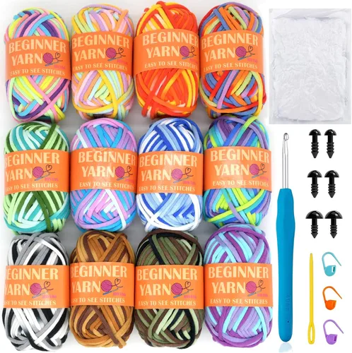 Vista 9 de 24 Pack de Hilo de Ganchillo para Principiantes Azul Rosa Púrpura Marrón Arcoíris de Algodón para Tejer y Ganchillo con Puntos Fáciles de Ver Kit