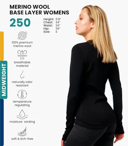 Vista 2 de Merino.tech Capa base de lana merino para mujer, 100% lana merina, peso medio, camisa térmica de manga larga y calcetines