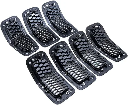 Vista 4 de Kit de 7 piezas de cubierta de rejilla de anillo de malla cromada negra compatible con Jeep Cherokee 2014-2018 2015 2016 2017