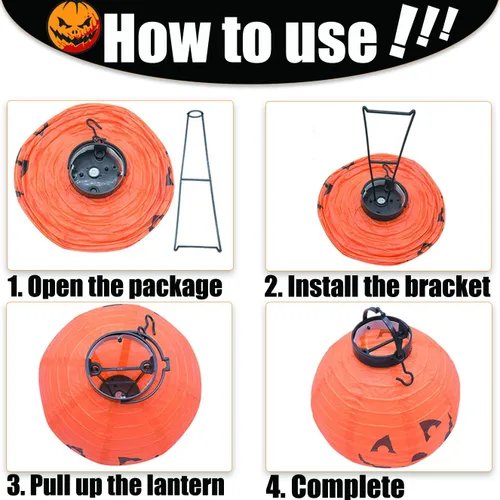 Vista 4 de Bimkole Paquete de 4 faroles de papel para decoración de Halloween con calavera de araña, esqueleto, murciélago, calabaza, sonriente, para el hogar