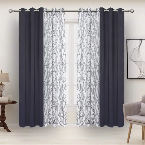 Vista 18 de BONZER Cortinas para Mezclar y Combinar - 2 Piezas de Cortinas Transparentes con Estampado de Ramas y 2 Piezas de Cortinas Opacas para Dormitorio