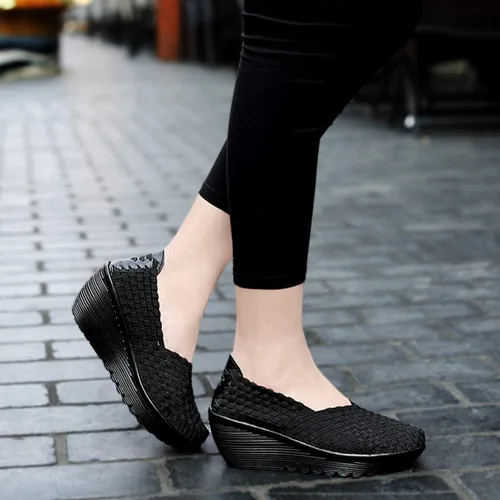 Vista 6 de Touchmosees - Sandalias de cuña con plataforma para mujer, con tejido y estilo Mary Jane, bombas cómodas para caminar