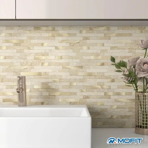 Vista 4 de MOFIT - Azulejo de ladrillo de piedra 3D para cocina, azulejos de pared autoadhesivos, azulejos lineales de mármol, paneles de pared de baño