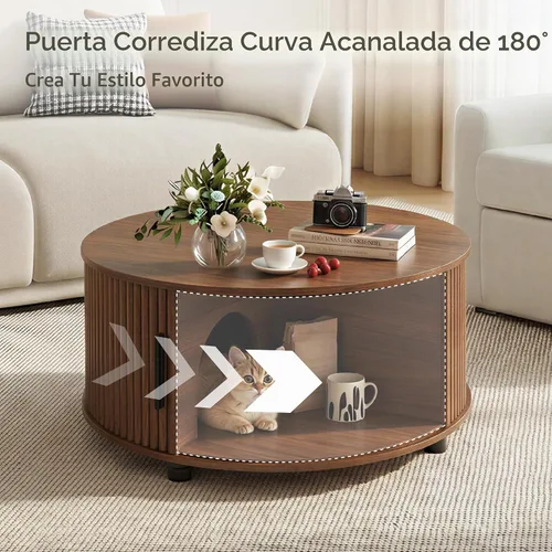 Vista 4 de KISLOT Mesa auxiliar ovalada con cajón, mesa central acanalada de 47.2 pulgadas para sala de estar, mesas de centro modernas con puerta corredera