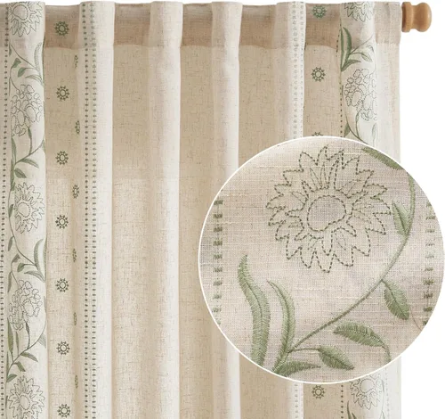 Vista 8 de Lazzzy Cortinas de lino para sala de estar, dormitorio, 63 pulgadas de largo, cortinas bordadas florales con bolsillo para cortinero, cortinas
