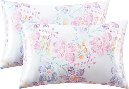 Vista 16 de EXQ Home - Funda de almohada de satén para cuidar el cabello y la piel, tamaño estándar, de seda con estampado negro, juego de 2 fundas con cierre