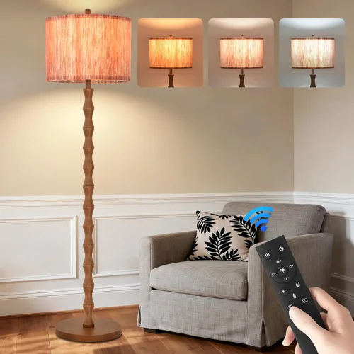 Vista 12 de Lámparas de pie doradas para sala de estar, dormitorio, lámpara de pie de cristal con control remoto y pantalla rosa, lámpara de pie regulable