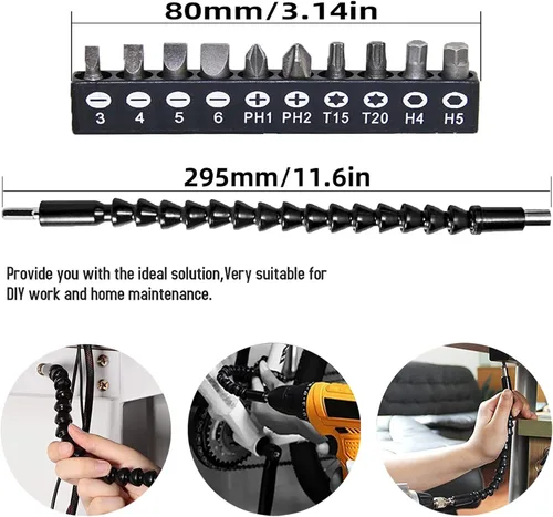 Vista 4 de Extensión de broca flexible, extensión de taladro flexible de 11.6 pulgadas, manual de 90° en ángulo recto, extensión flexible de 1/4 para taladro