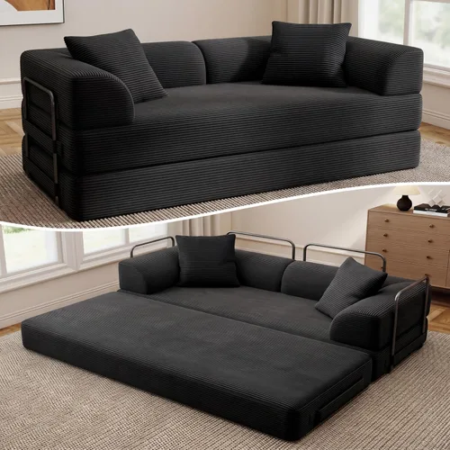 Vista 17 de Sofá cama convertible Cloud sin huesos, sofá de piso de 177,8 cm, 4 en 1, plegable, acomodado, sofá de 2 plazas, sofá cama de espuma de alta Beige