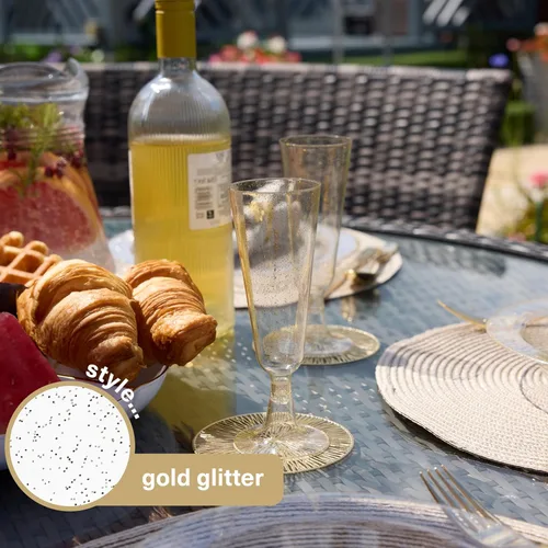 Vista 6 de MATANA 24 flautas de champán con purpurina dorada de 5 onzas, flautas de champán de plástico transparente reutilizables, paquete al por mayor, copas