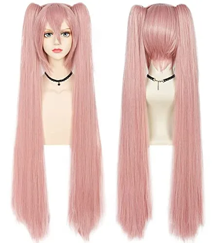 Anogol Peluca rosa de 48 pulgadas con colas de caballo dobles para niñas, peluca de cosplay larga y recta con flequillo, peluca de pelo sintético