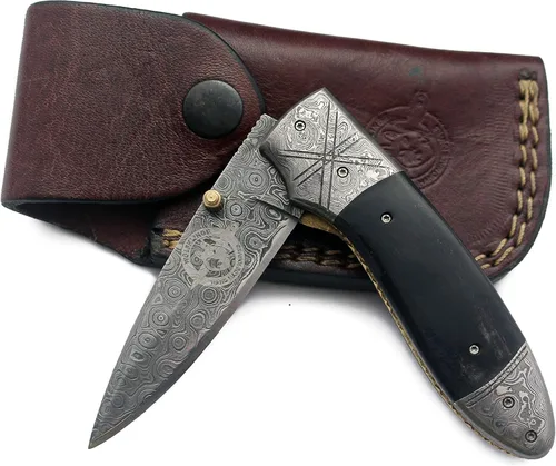 Cuchillo táctico plegable de Damasco, la mejor opción para EDC, caza, supervivencia, campamento y desollado, mango de micarta de espiga completa y