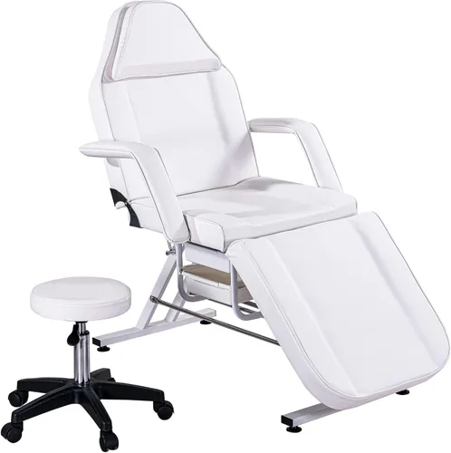Vista 9 de Silla de tatuaje de salón de masaje con dos bandejas, cama esteticista con taburete hidráulico, mesa de cama facial multiusos de 3 secciones,