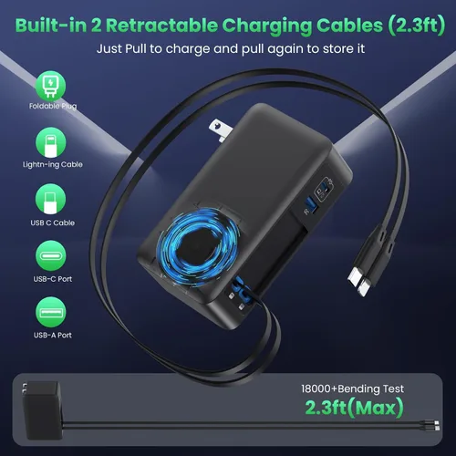 Vista 3 de Bloque de cargador USB C de 120 W con 2 cables retráctiles integrados, cargador de pared plegable GaN IV 4 en 1, estación de carga rápida, adaptador