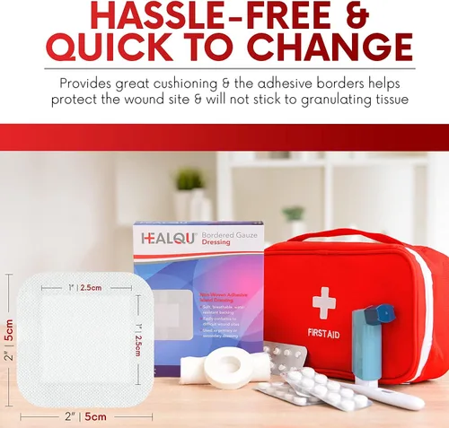 Vista 3 de HEALQU Aderezo de isla de gasa con bordes, 50 unidades, almohadillas de gasa estériles envueltas individualmente de 2 x 2 pulgadas con respaldo