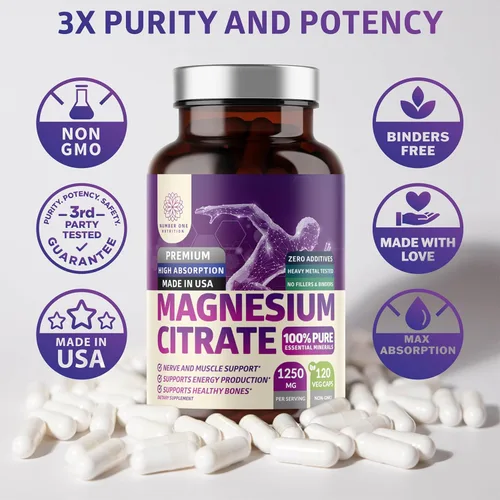 Vista 6 de Pure Magnesium Citrate Capsules 1250mg, Easily Absorbed and Purified Trace Mineral for Muscle and Digestive Support, 120 Caps