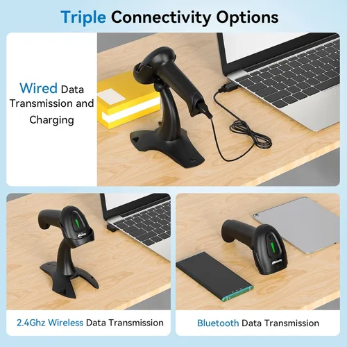 Vista 6 de Alacrity Escáner de Código de Barras Inalámbrico 2D 1D con Soporte, Conectividad 3 en 1 Bluetooth 2.4G Inalámbrico USB con Cable, Lector de Código