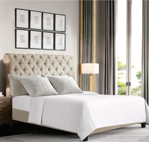 Vista 15 de Rosevera Gideon - Marco de cama tapizado de tela con cabecera ajustable, estilo Chesterfield, soporte de listones de madera, fácil montaje