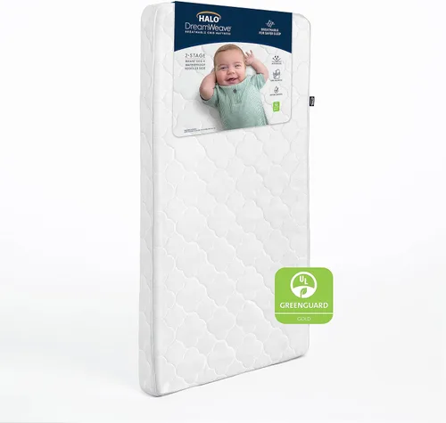HALO DreamWeave Colchón de cuna y para niños pequeños - 100% colchón transpirable y núcleo, diseño de 2 etapas de doble cara, funda lavable a