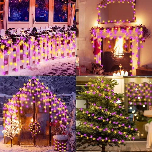 Vista 2 de 1216 luces LED de carámbano de Halloween moradas y naranjas, 99 pies de largo, luces de Navidad para decoración al aire libre, 8 modos, luces LED