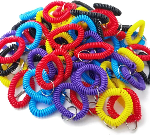 Vista 5 de GXXMEI 100 pulseras de plástico multicolor en espiral estirables para muñeca, llavero para oficina, taller, centro comercial, sauna, deportes al