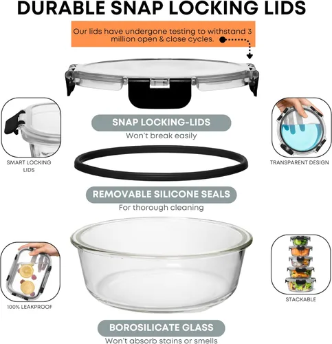 Vista 3 de Razab 30 unidades de recipientes de vidrio para almacenamiento de alimentos con tapas - Recipientes reutilizables de vidrio para preparación