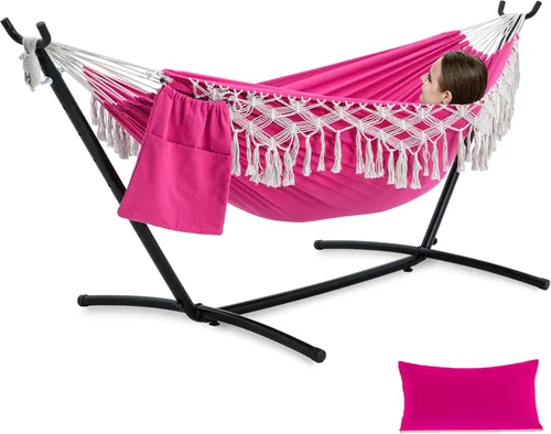 Vista 11 de PNAEUT Hamacas de borla hechas a mano, hamaca doble con soporte para exterior, capacidad máxima de 450 libras, almohada y bolsa de almacenamiento