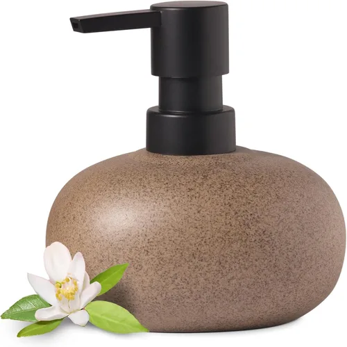 EMPO Dispensador de jabón de manos de cerámica con bomba negra mate, dispensador de líquido Wabi-Sabi con textura de piedra para tocador de baño y