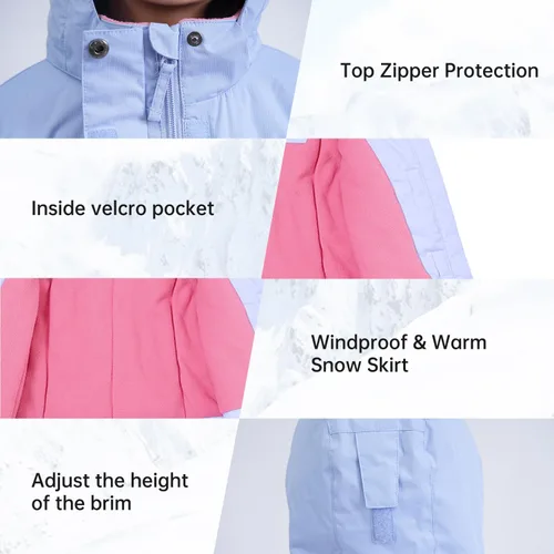 Vista 15 de Chaqueta de esquí impermeable para niñas, chaqueta de snowboard para exteriores, resistente al viento, con forro polar, abrigo de nieve cálido