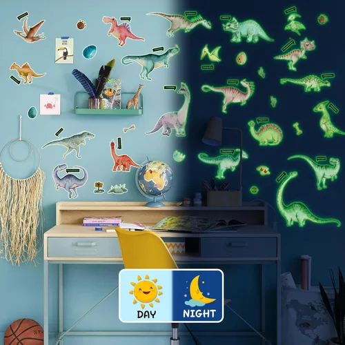Vista 3 de Calcomanías de dinosaurios que brillan en la oscuridad, pegatinas luminosas para el techo, decoración para dormitorio de niños, gran decoración