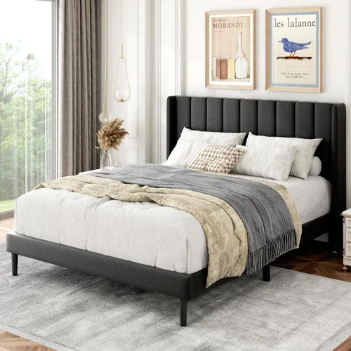 Vista 15 de Base de cama tamaño Queen con cabecera tapizada con respaldo de ala, plataforma de fácil montaje, soporte de listones de madera, no necesita somier