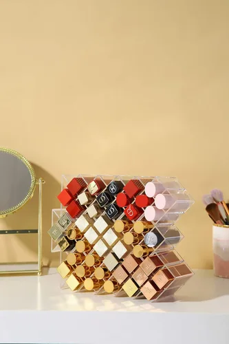 Vista 4 de Organizador de lápiz labial en 64 espacios, torre de lápiz labial apilable en forma de pez, soporte de almacenamiento de brillo de labios, perfecto