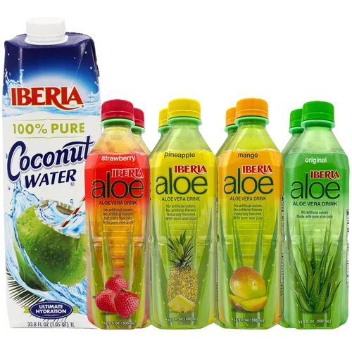 Iberia Agua de coco, 33.8 onzas líquidas + bebida Iberia Aloe Vera con pulpa de aloe pura, variedad (paquete de 8) 2 x Original, 2 x Mango, 2 x