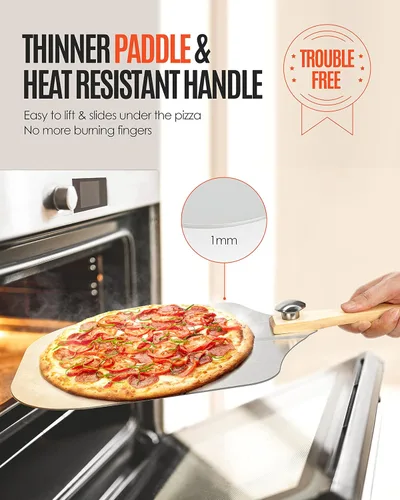 Vista 2 de Pala de Pizza de Aluminio Espátula de Pizza, Mooues Pala de Pizza de Metal de 12 pulgadas (12"x 14") con Cortador Basculante Mango de Madera