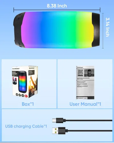 Vista 5 de Altavoz Bluetooth portátil con luces LED que cambian de color, función TWS, soporte de tarjeta TF/USB/AUX, sonido estéreo HD, altavoz de Navidad