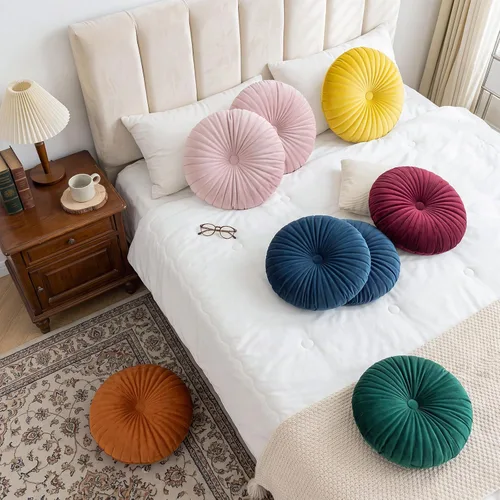 Vista 7 de Teieas - Almohada redonda de terciopelo plisada para decoración, cojín redondo para sofá, silla, cama, coche, burdeos Borgoña