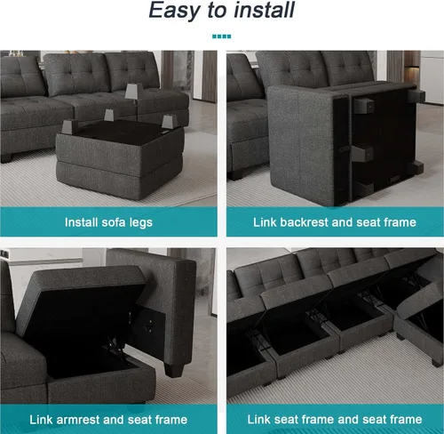 Vista 26 de Belffin Sofá modular modular con tumbonas dobles en forma de U, modular con asiento de almacenamiento, sofá modular con otomanas reversibles
