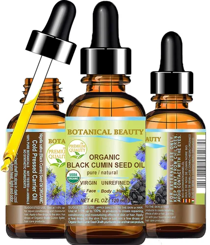 Botanical Beauty Aceite de semilla de comino negro orgánico Nigella sativa 100% puro virgen natural sin diluir 4 fl oz.- 4.1 fl oz para cara, piel,