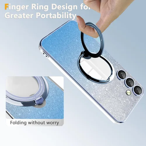 Vista 4 de SKYLMW Funda para Samsung Galaxy A54 5G con purpurina y soporte de anillo giratorio compatible con MagSafe, funda transparente chapada con protector