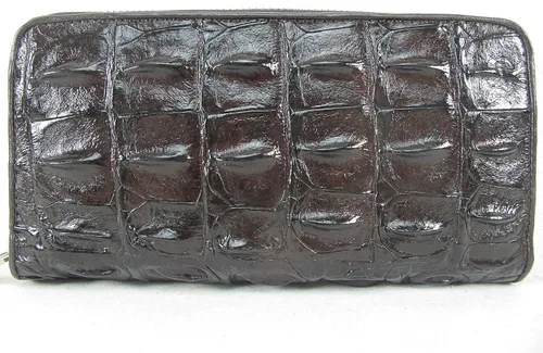 Vista 3 de Cartera larga con cremallera de piel de cocodrilo auténtica, Marrón Chocolate, Cartera con cremallera