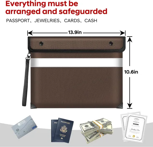 Vista 4 de Bolsa de documentos ignífuga, bolsa de dinero aislada a prueba de fuego de 5200℉ para efectivo, bolsa impermeable para documentos con cremallera