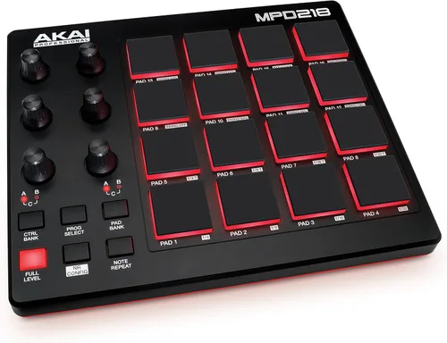 AKAI Professional MPD218 - Controlador MIDI alimentado por USB con 16 almohadillas de tambor MPC, 6 perillas asignables, botones de repetición de