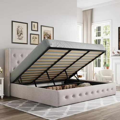 Vista 27 de Allewie Cama de almacenamiento elevable tamaño Queen, cabecera moderna con respaldo alado, soporte hidráulico, no necesita somier, gris claro
