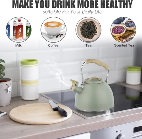 Vista 4 de Tetera de 3.0 cuartos de galón para estufa, tetera de acero inoxidable, hervidor de agua de grado alimenticio con mango de madera para café, té