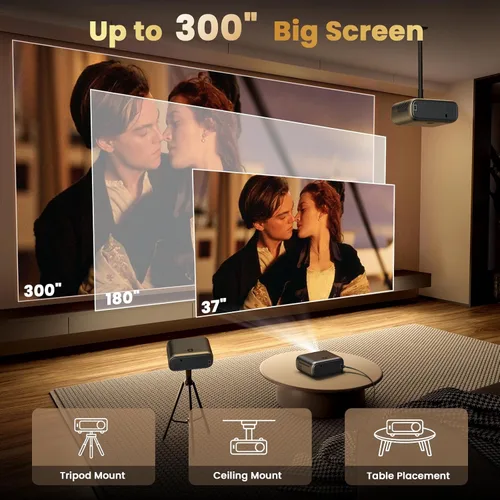 Vista 6 de [Enfoque eléctrico/alto brillo] Proyector FUDONI con WiFi y Bluetooth, nativo 1080P Real 400 lúmenes ANSI, proyector de cine al aire libre, pantalla