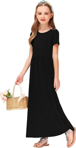 Vista 6 de Deerose Vestido largo casual de manga corta para niñas, con bolsillos, de 5 a 14 años