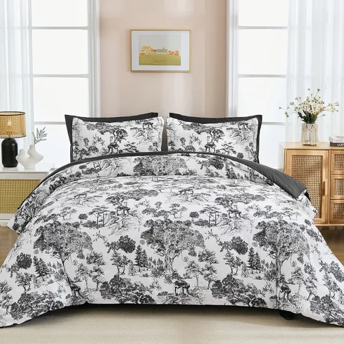 DJY Juego de edredón de cama Queen en negro, 7 piezas de edredón negro y blanco tamaño Queen con elegante impresión de plantas botánicas con