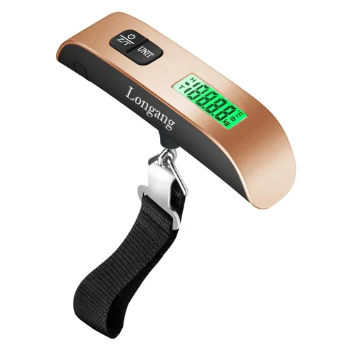 Báscula digital colgante para equipaje de 110 libras con retroiluminación para viajes, mango de pintura de goma y batería incluida, color dorado