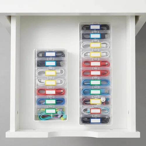 Vista 4 de Juego de 2 cajas organizadoras de cables con 7 y 11 fundas transparentes para cables de carga, cargadores, auriculares y accesorios pequeños