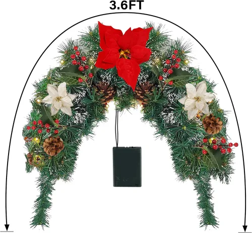 Vista 3 de DR.DUDU - Guirnalda preiluminada de Navidad para buzón con flores de nochebuena, guirnalda artificial de Navidad iluminada por batería con piña